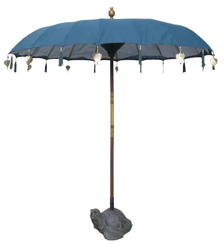 Product image of the product “Bali umbrella , blue 2 with wooden coins and gold leaves hanging around the edge. Approx. 230cm dia. and 250cm height ”